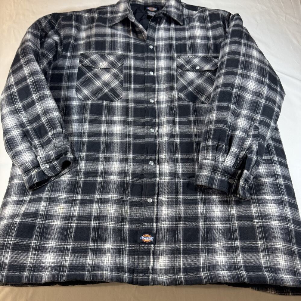 Dickies Men’s XL Quilted Flannel Shirt Jacket Black Gray Plaid Snap Workwear